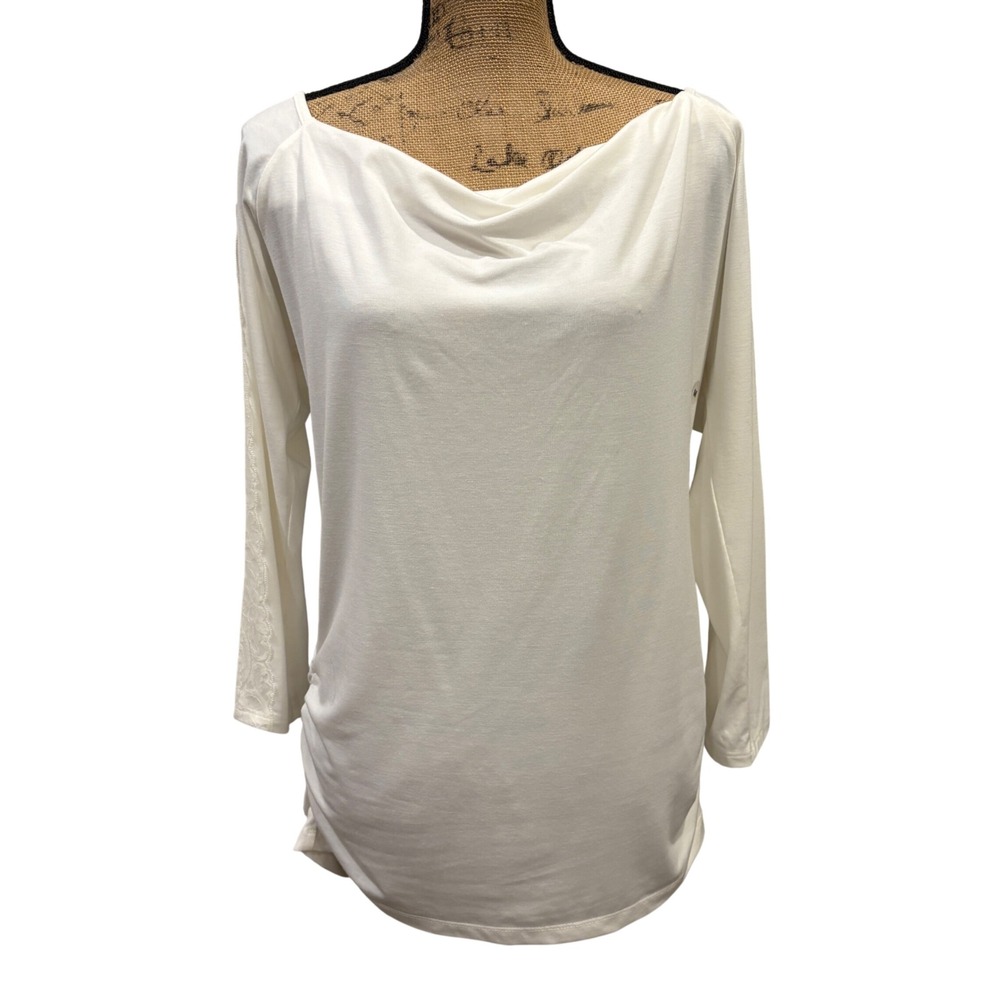 NWT New York & Company White Cowl Neck Top Lace Trim 3/4 Sleeve Ruched Medium
